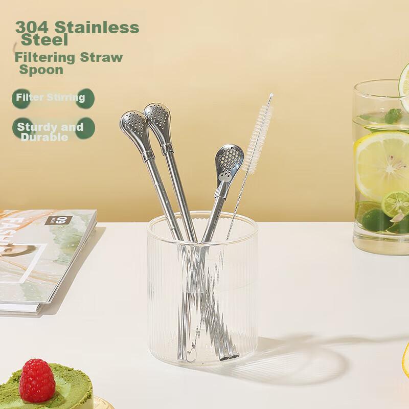 Jingmao Stainless Steel Straw Spoon Combo, Dual-Use for Coffee And Milk Tea, Stirring Spoon, Tea Strainer, Juice Drinking Straw