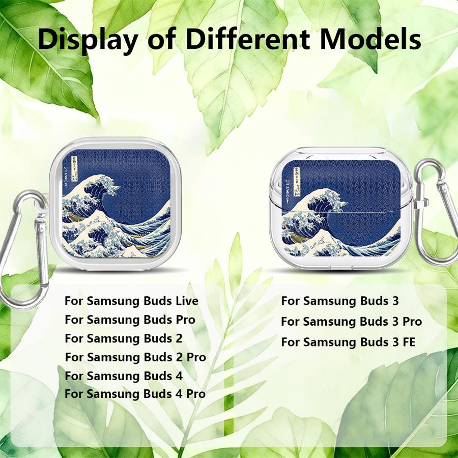 Clear Earphone Cases Cover With Hook Case For Samsung Galaxy Buds 4Pro 4 Pro Live 3Pro 3 FE 2Pro 2 Cartoon Ocean Tsunami