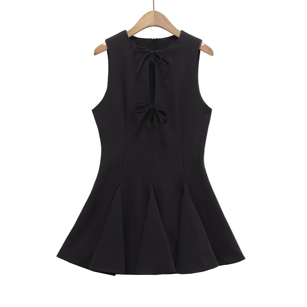 2025 Spring/Summer Women's High-End Vest Dress with Wavy Hem and Bow Detail