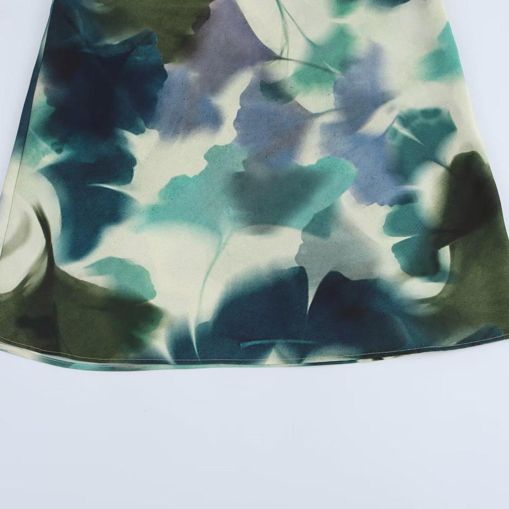 2025 Spring Women's European & American Style Silk Satin Print Midi Dress