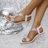 Fashion large size women's sandals 2025 spring and summer new square head crystal thick heel medium heel transparent women's high heels