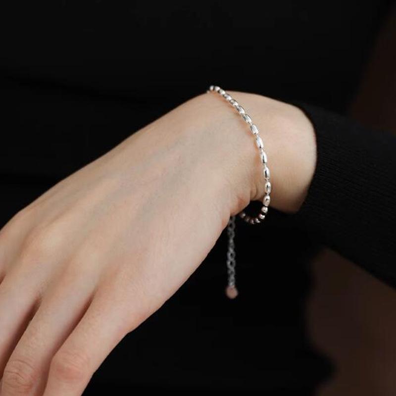 S925 Sterling Silver Argent Pur Beads Bracelet Retro Simple Korean Style Ins Style Chain Fashionable Rice Grain Bracelet Ornament