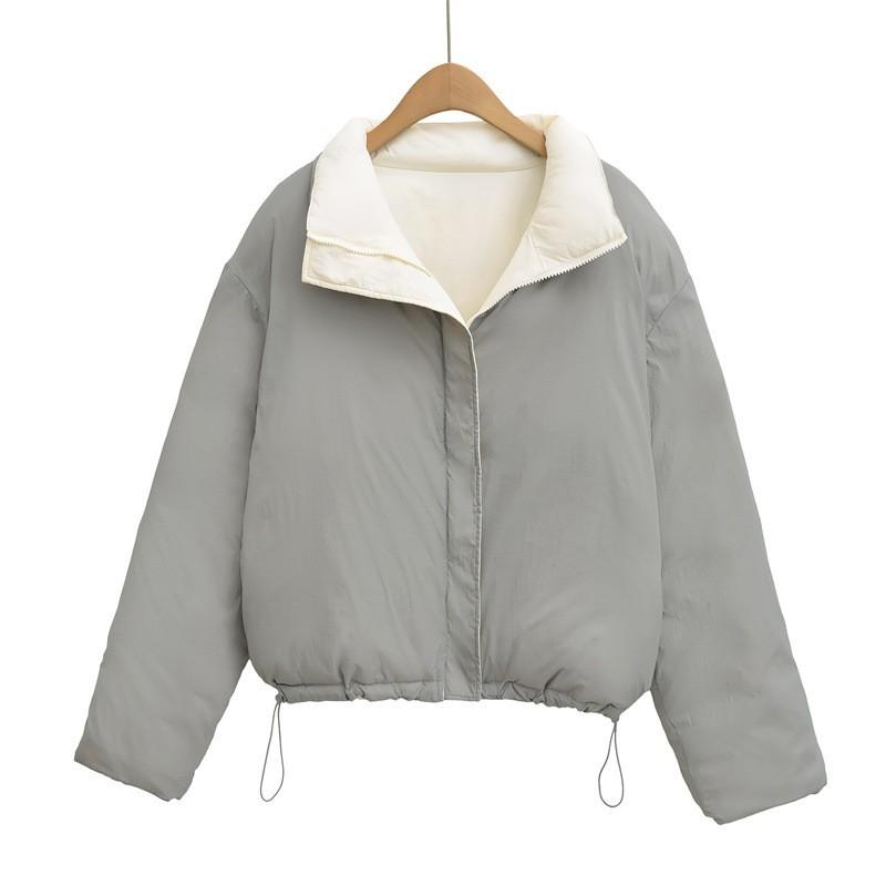 Womens Reversible Stand Collar Cotton Puffer Jacket Winter Casual Loose Fit Warm Coat