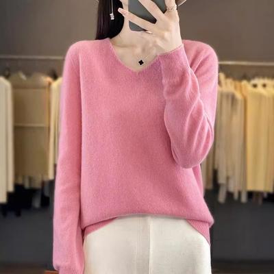 Autumn and Winter New V-neck Long-sleeved Knitted Sweater Women's Top Loose and Thin Bottoming Sweater Wholesale