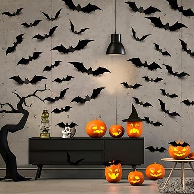 12 Stück Schwarze 3D Fledermaus Wandaufkleber Halloween Partyzubehör Essentials für Zuhause Zimmerdeko Fensterglas Kunst Aufkleber Innendekor