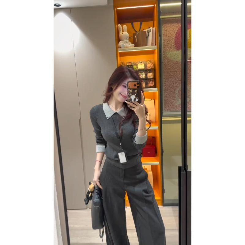 High-end Contrasting Color Collar Lapel Knitted Sweater Autumn and Winter Top Slim Shoulder Inner Long-sleeved Women's Soft Waxy Sweater
