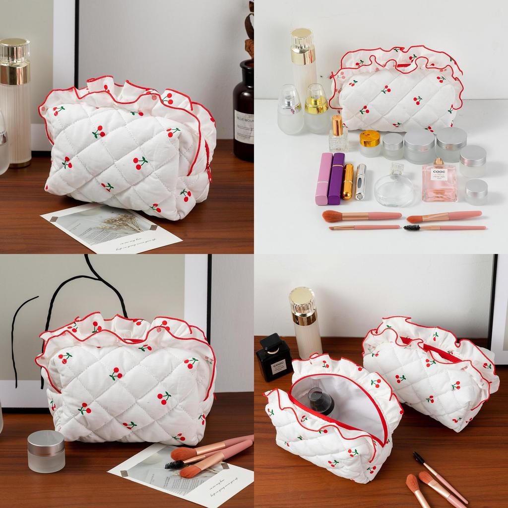 Floral Cherry Cosmetic Bag With Breathable Polyester For Daily Use