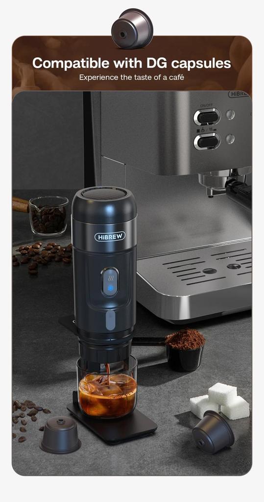 New HiBREW Portable Coffee Machine Expresso Coffee Maker Fit Nexpresso Capsule Coffee Powder for Car Camping & Home Heat Water H4A