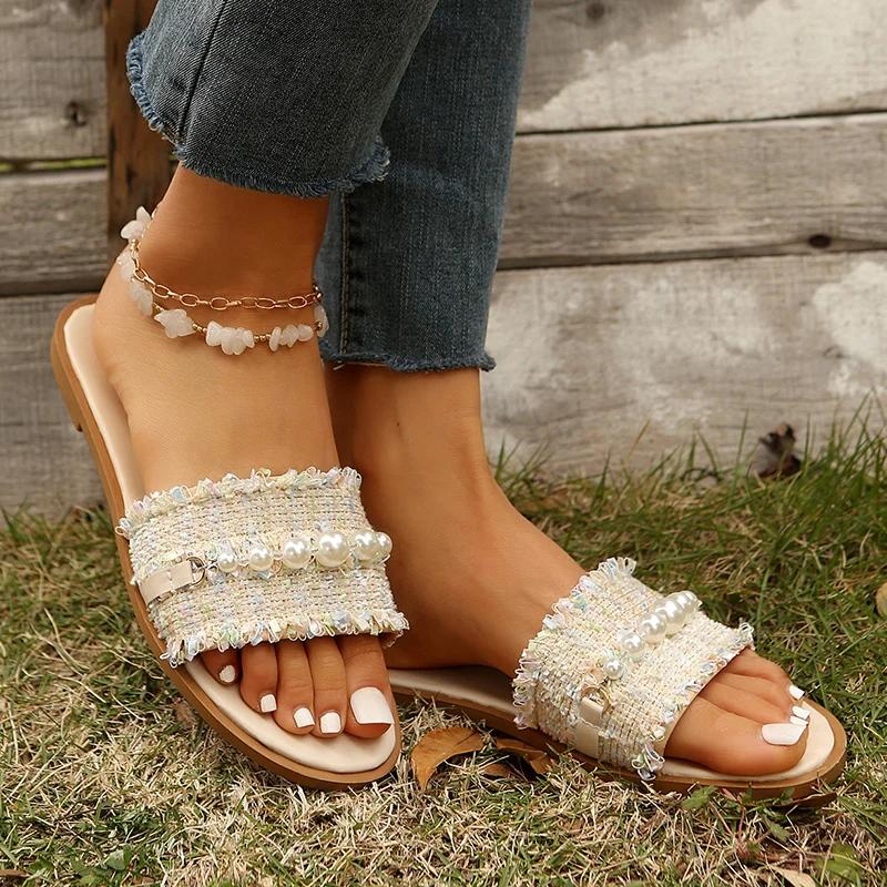 Fashion Fashion Tweed Cloth Flats Slippers Women 2025 String Bead Plus Size 36-43 Summer Sandals Woman Lightweight Outdoor Slides Female