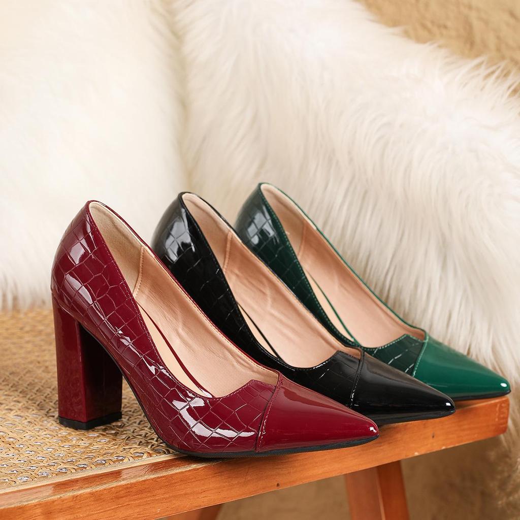 European and American Women's Patent Leather Pointed Toe Chunky Heel High Heels, Plus Size 42-43