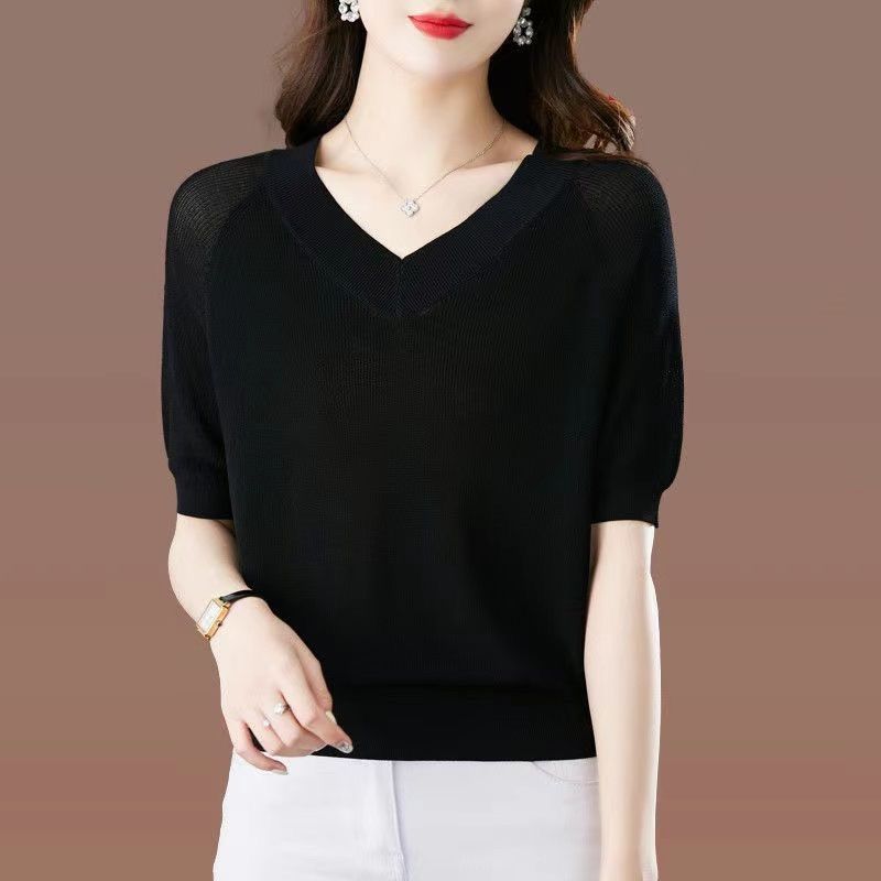 Summer Women Ice Silk Tops Women Casual Loose V-neck Thin T-shirts Short Sleeve Shirt Plus Size