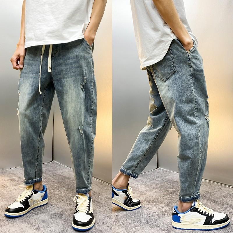 

Мужские летние винтажные джинсы-гаремы свободного кроя, молодежные повседневные джинсы-девятиточки с дырками и потертостями XS синий