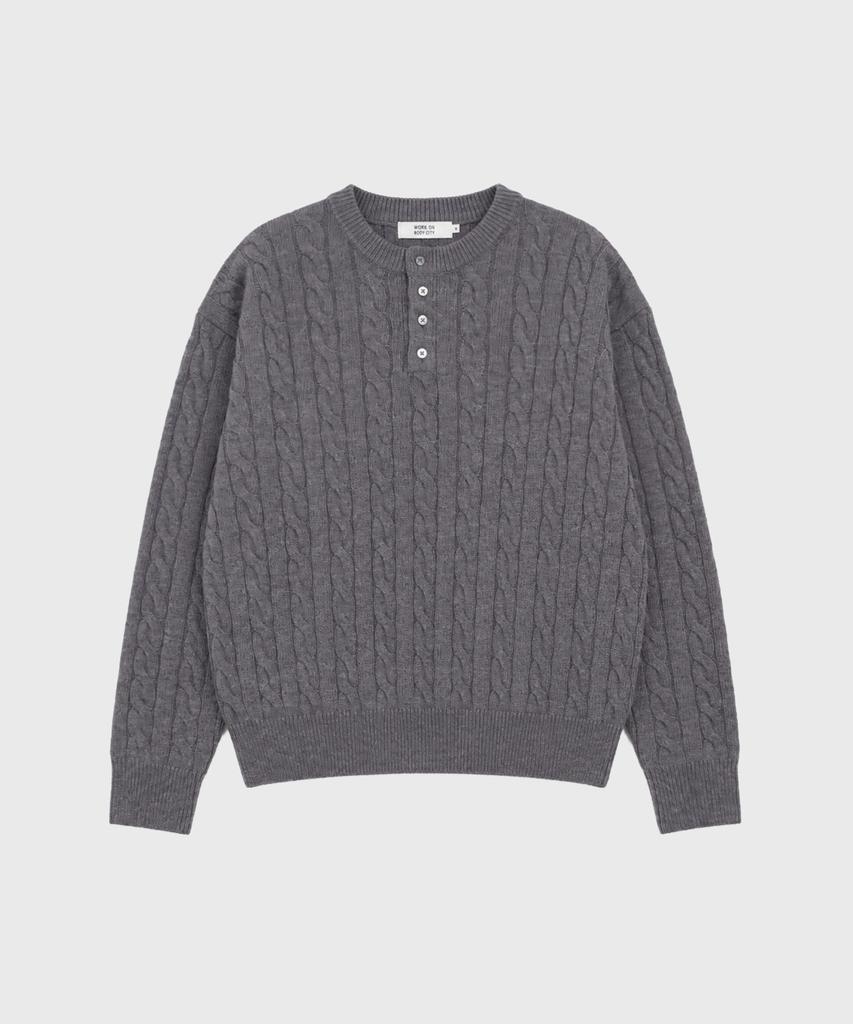 WORK ON BODY OFF Tord Semi-Overfit Cable Henley Neck Knit [Gray]