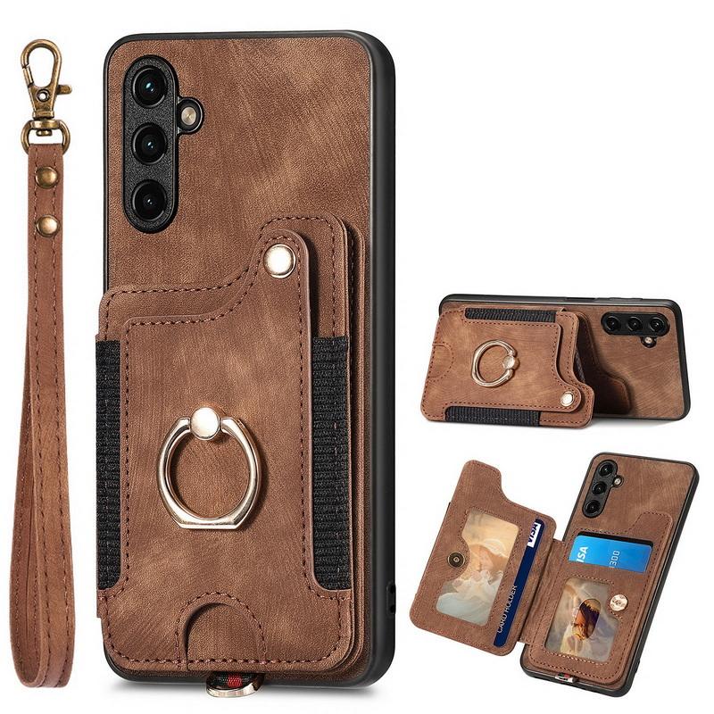 Leather Magnetic Card Bag Case For iPhone 17 16 15 14 13 Xiaomi 13T Poco X5 Pro Ring Bracket Cover For Samsung S24 Ultra S23 A54 Google With Wristband
