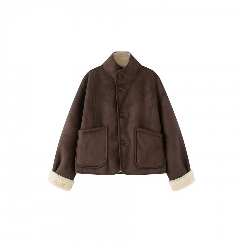 Womens Stand Collar Long Sleeve Jacket Dual-sided Wear Solid Color Casual Outerwear