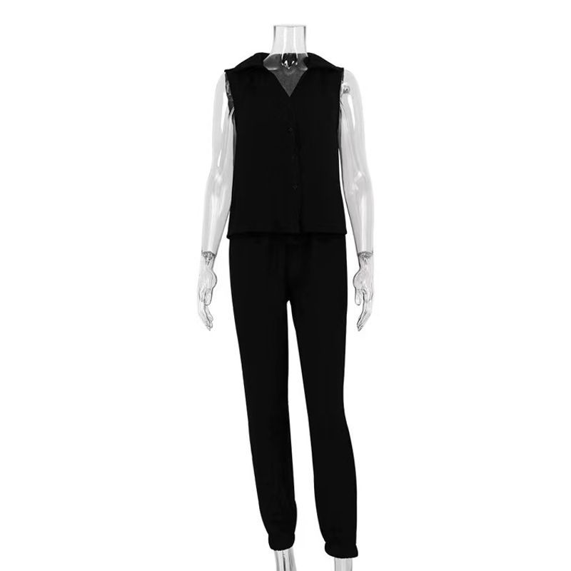 

Fashion Style Casual Pure Color Sleeveless Shirt Pants Suit Sleeveless Shirt and Pants Set Black S