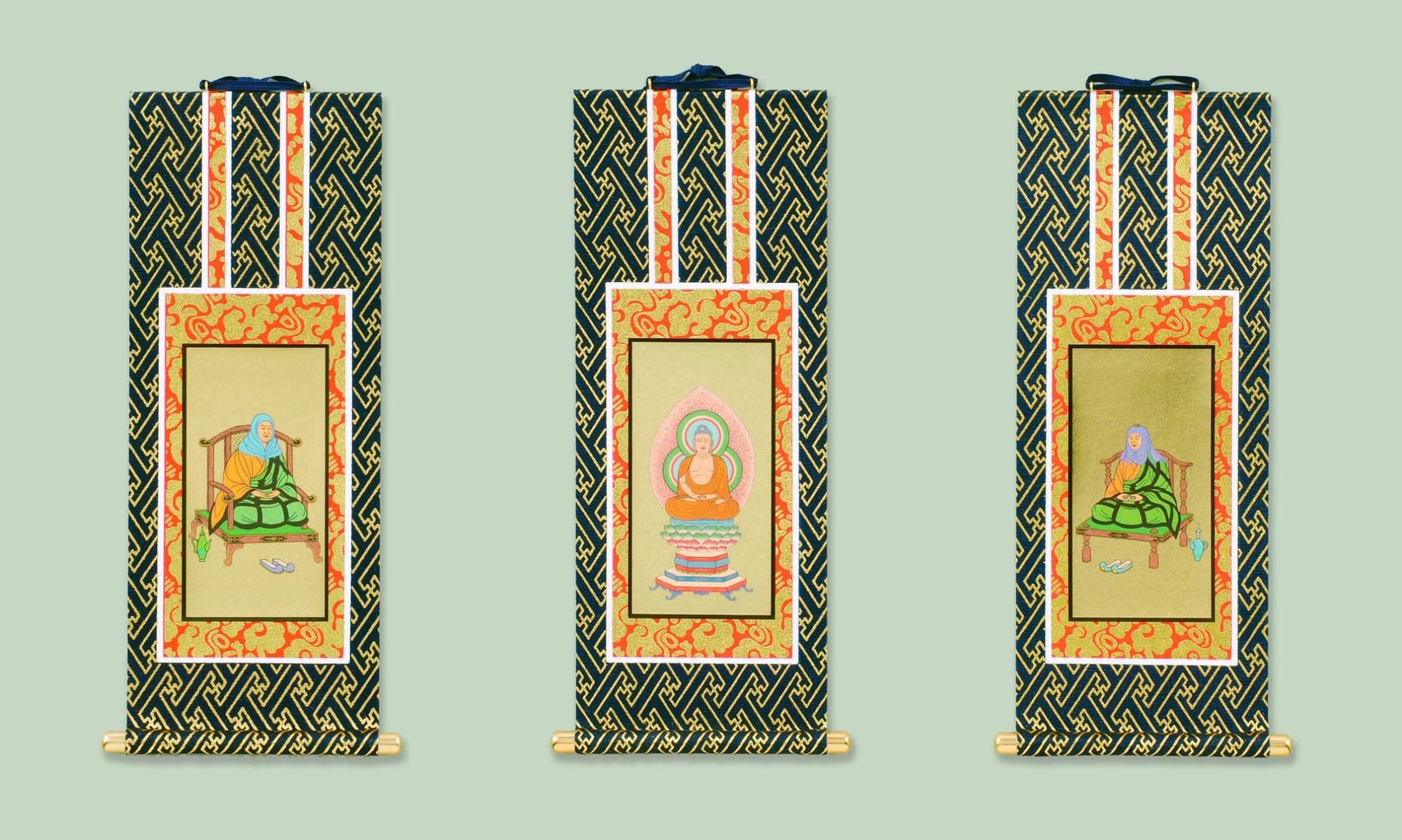 

Set of 3 hanging scrolls from Kyoto Buddhist Altar Isemura, navy blue mounting. Available in various sects and sizes. Buddhist altar hanging scrolls,