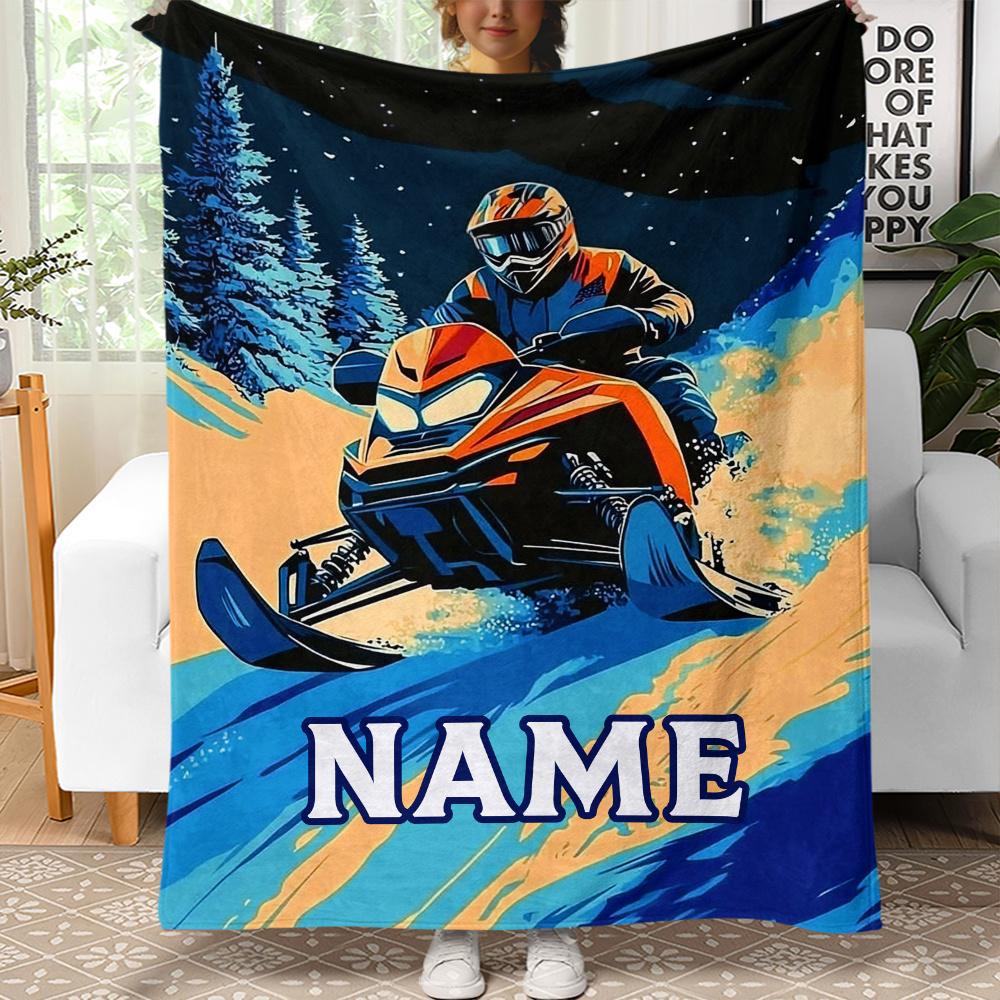 Personalized Snowmobile Blanket Name Winter Adventure Art Soft Fleece Throw Outdoor Lover Gift Home Decor Cold Theme 75x100cm