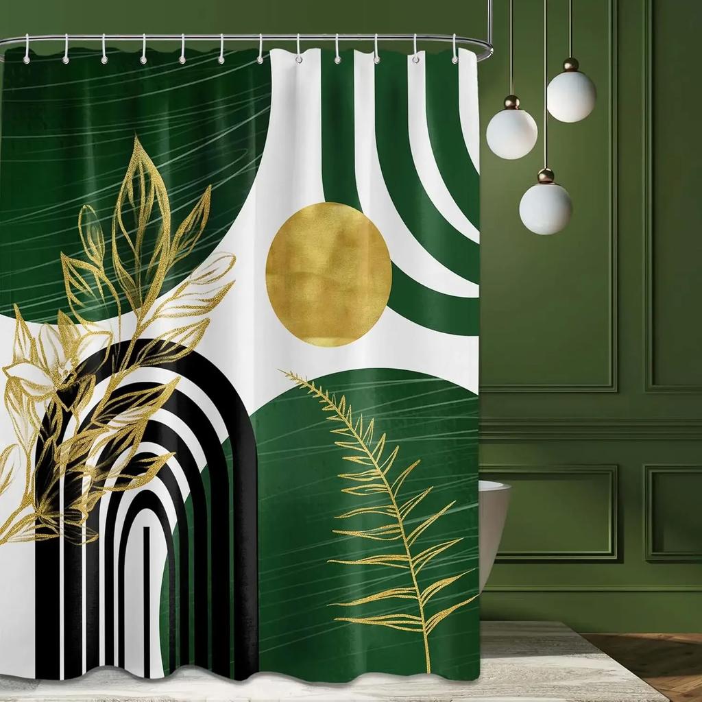 Mid-Century Modern Shower Curtain Bathroom Decoration with Black and Gold Leaves Bathtub Shower Curtain