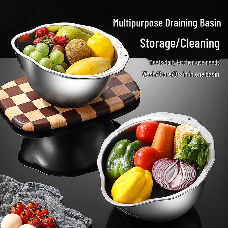 Coș de spălat orez și legume multifuncțional din oțel inoxidabil îngroșat cu scurgere