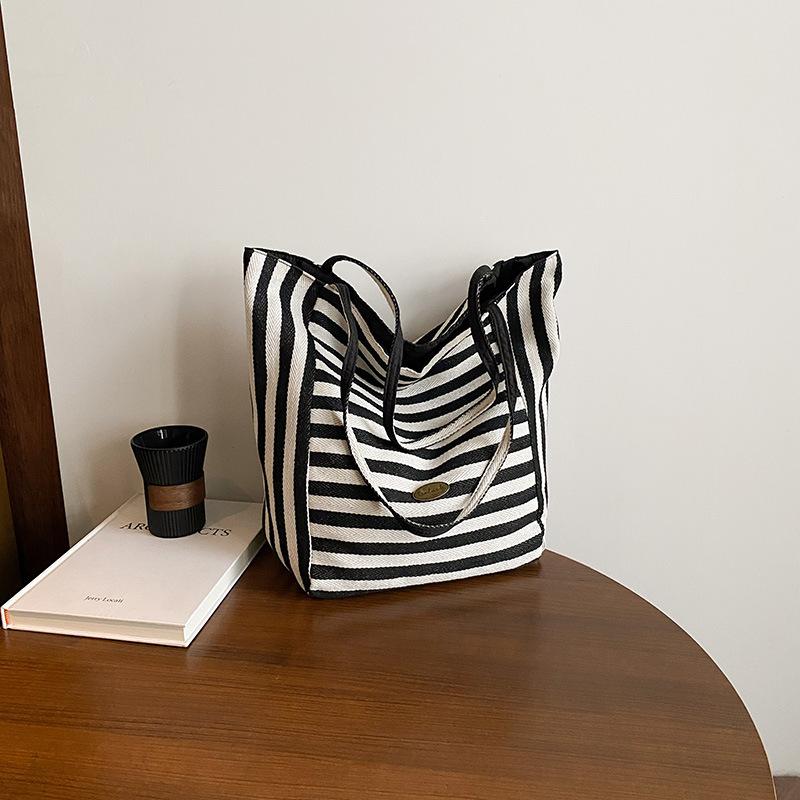 

Двусторонняя двухцелевая тканевая сумка, полосатая нишевая сумка-тоут большой вместимости, повседневная на плечо/подмышку, женская