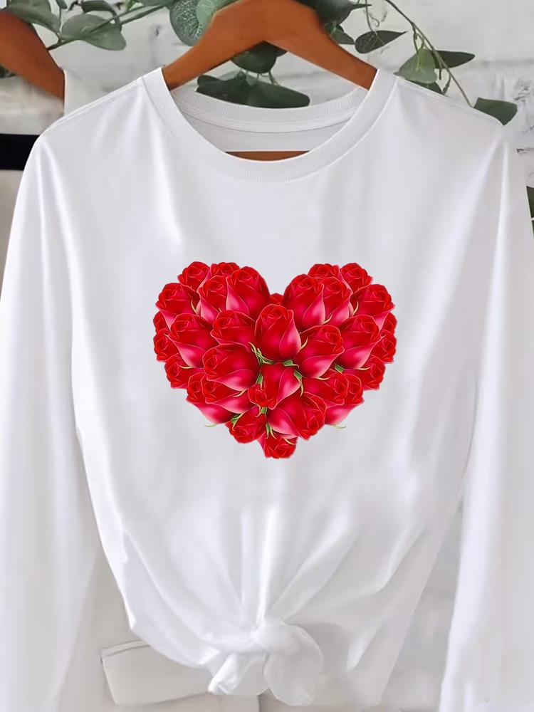 (Asian Size) O-neck Women T Shirt Tee Lady Watercolor Flower Trend Printed Female Clothing Casual Fashion Top Long Sleeve  Graphic T-shirts