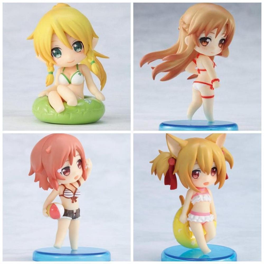 4Pcs/1Set Anime Sword Art Online Figure Yuuki Asuna Ayano Keiko Shinozaki Rika Kirigaya Suguha Swimsuit Q Version Model Toy Doll