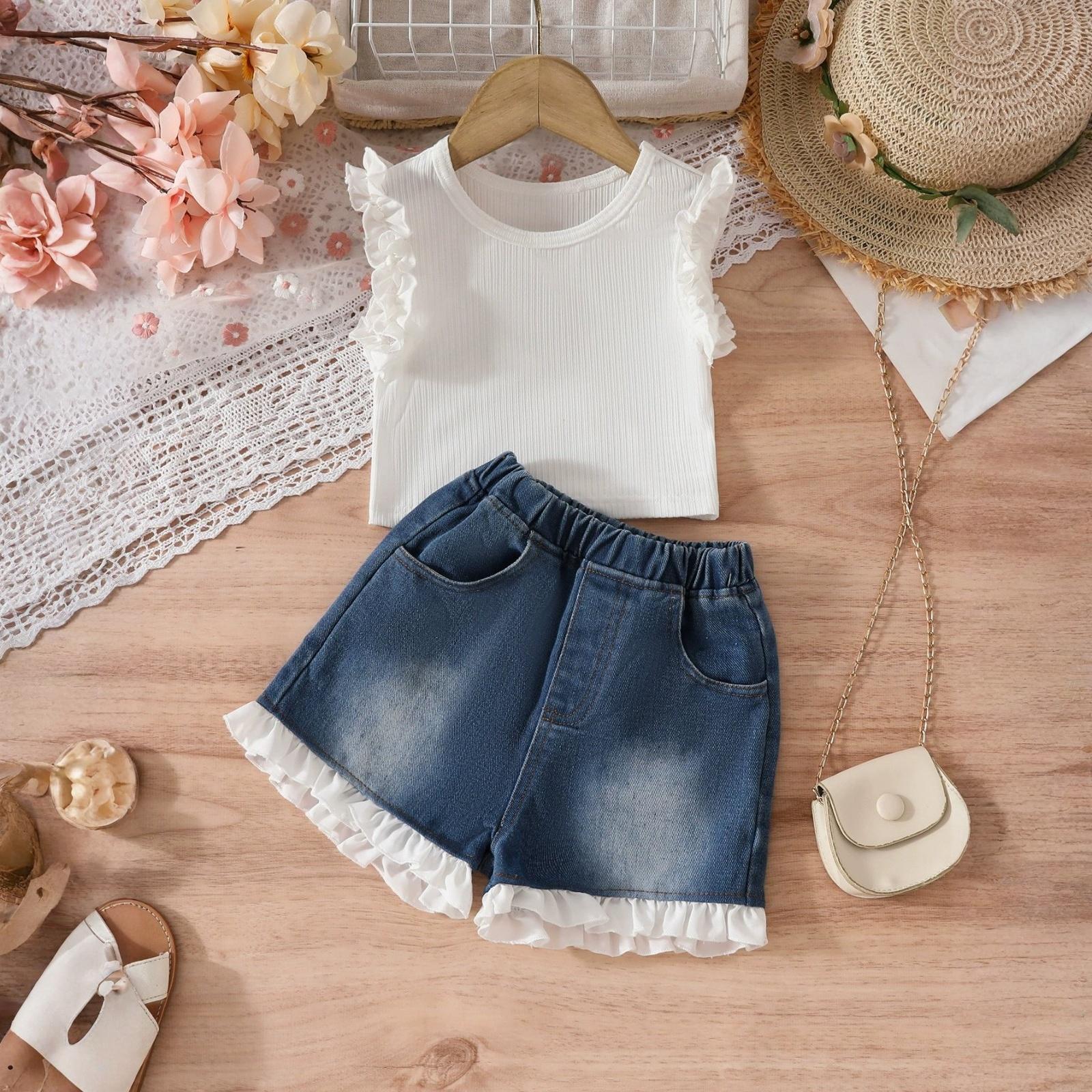 

Летний комплект для девочек: топ без рукавов с оборками и джинсовые шорты 100 белый