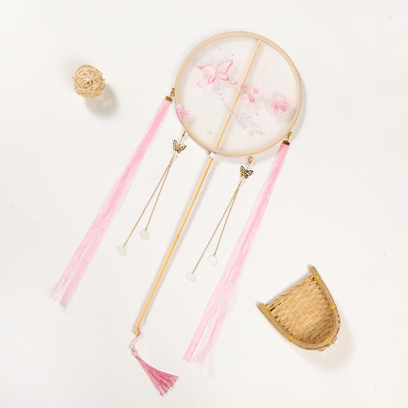 Children's Hanfu Catwalk Round Fan: Ancient Style Embroidered Long Handle Dance Fan with Ribbon