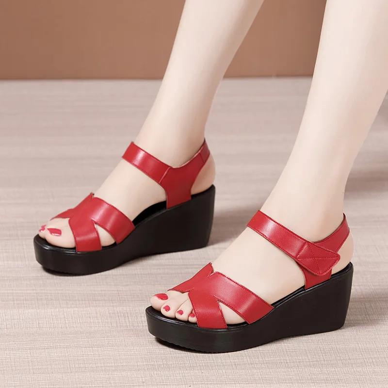 Small Plus Size 33-43 Soft Leather Shoes Women Med Heels Wedges Sandals 2025 Summer Thick Platform Sandals Office Beach Mom