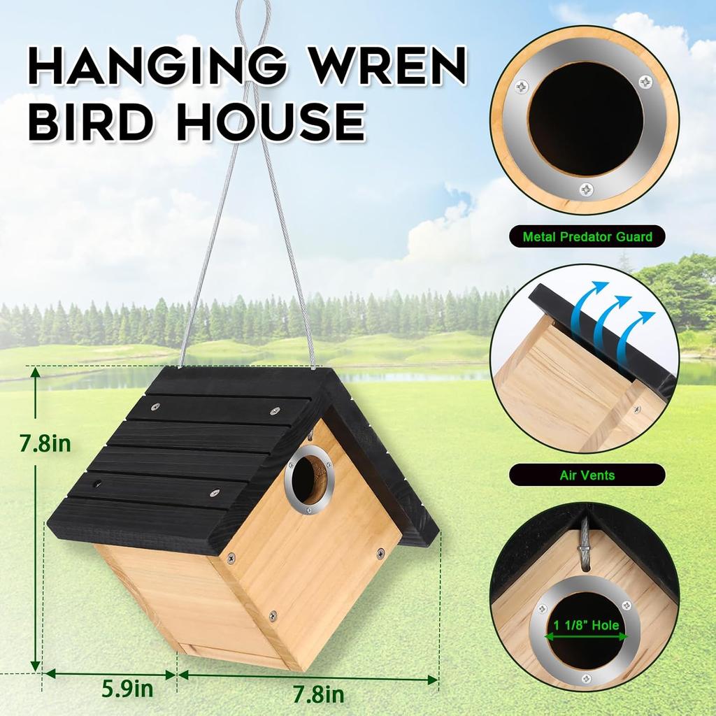 Hanging Wren Bird Houses for Outside Cedar Wooden Bird Houses for Outdoors, Bird Nest with Air Vents Entrance Hole
