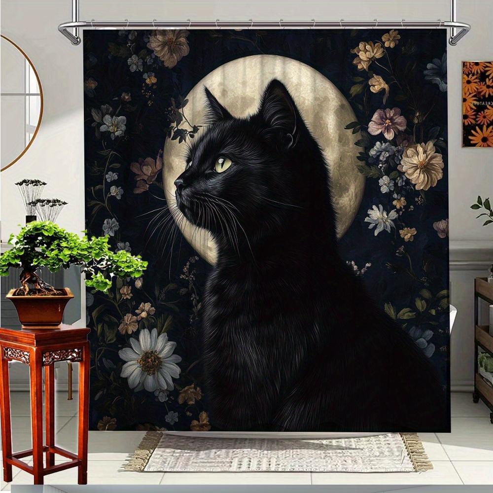 1pc Elegant Black Cat & Floral Shower Curtain - Polyester Fabric Bathroom Decor with 12 Hooks, 70. 8x70. 8 Inches, Moonlit Fores