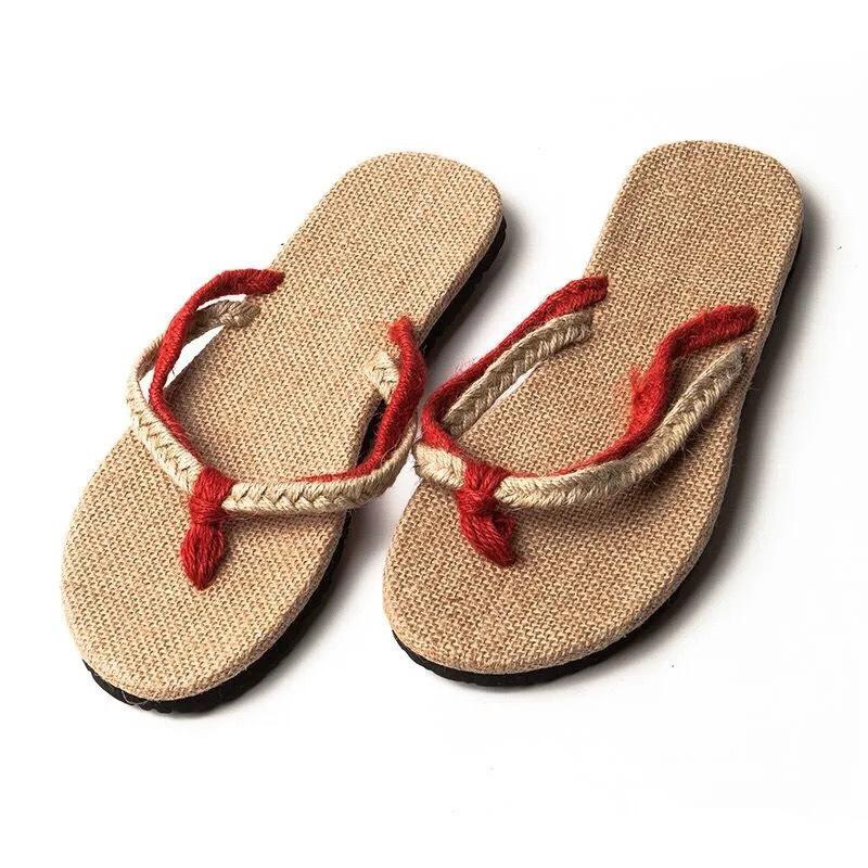 Summer natural linen couple Harajuku hard foam bottom beach flip-flops sandals Luffy straw slippers men