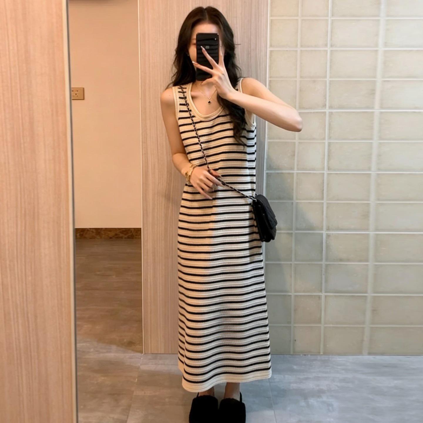 2026 Summer Korean Style Striped Apricot Spaghetti Strap Dress Medium