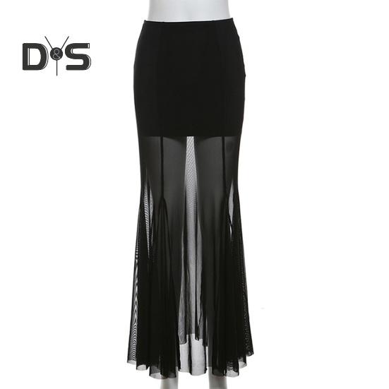 Women Maxi Skirt Elastic High Waist Mesh Long Skirt Hip Wrapped See-through Gauze Cover Slim Skirt Daily Wear