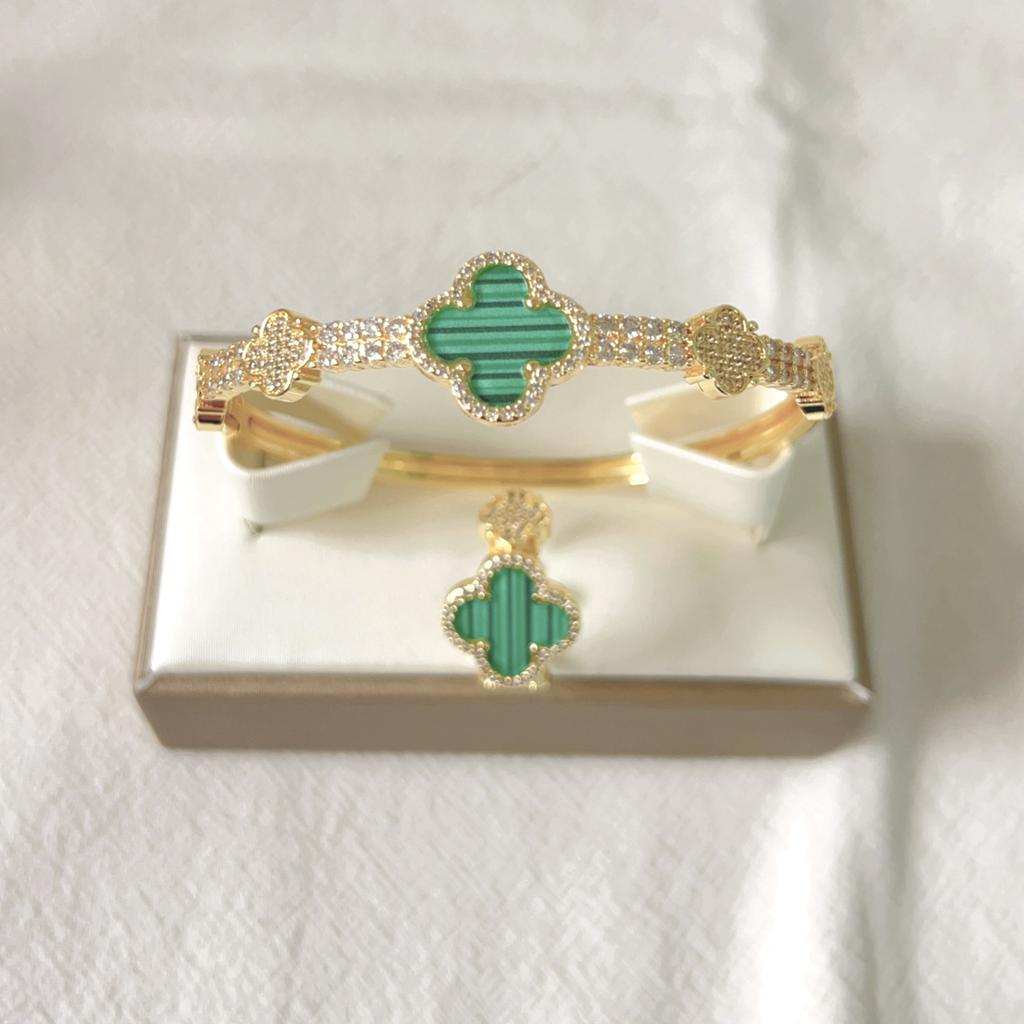 2PCS New Micro Inlaid Zircon Clover Bracelet Ring Set with Adjustable High Color Preserving Copper Plating 18k Real Gold Fashion