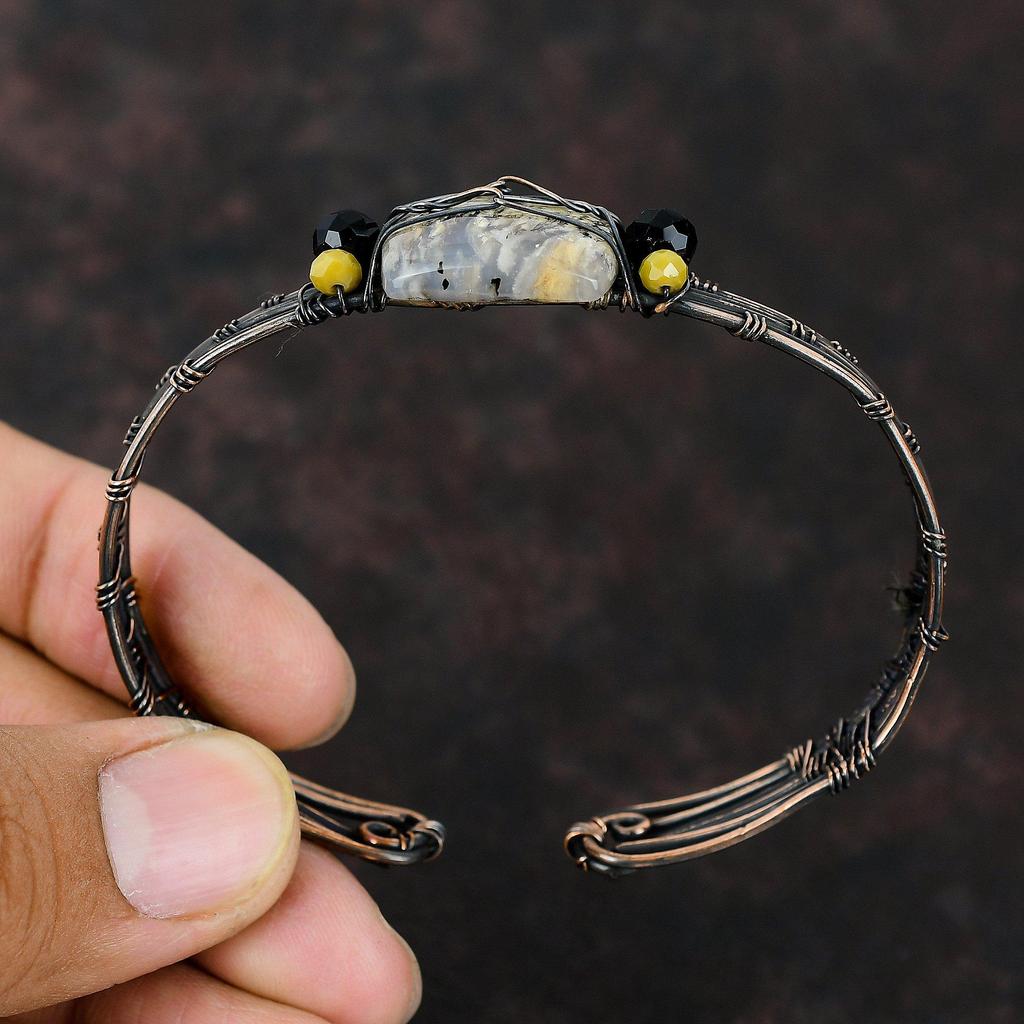 Wire Wrapped Plume Agate Cuff Bracelet Black Onyx & Red Coral Beads Bangle Copper Wire Wrapped Handmade Jewelry Adjustable Cuff Gift For Mom