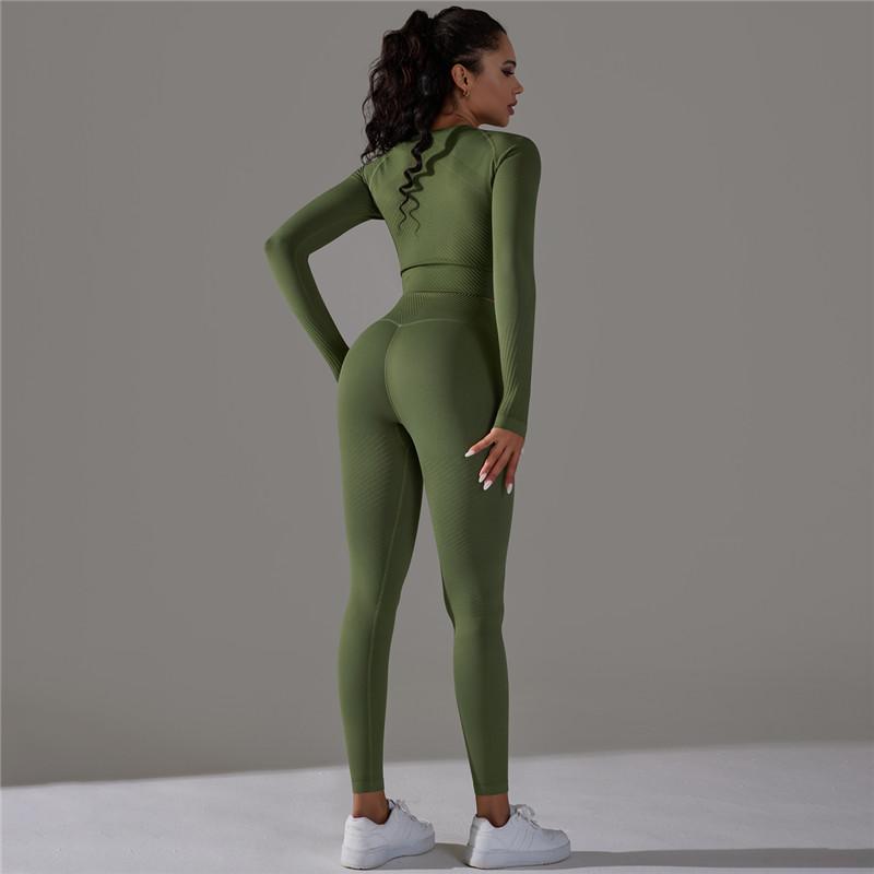 Knit Seamless Long Sleeve Yoga Set High Waist Sports Pants Exercise Running Suit Fitness Clothing