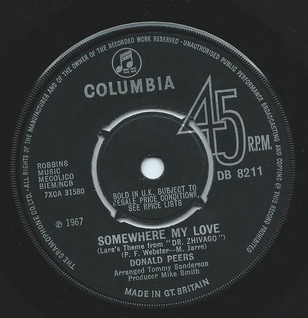 

7inch Record DONALD PEERS Somewhere My Love DB8211 Columbia 1967 UK Jazz Used