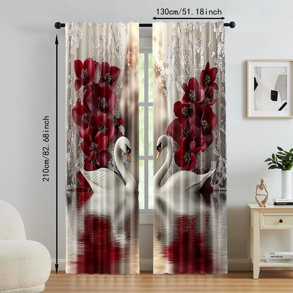 Set Of 2 Digital Printed Window Curtain Swan Flower Pattern Drapes Bedroom Living Room Home Decor Design Curtains Made Polyester Treatment