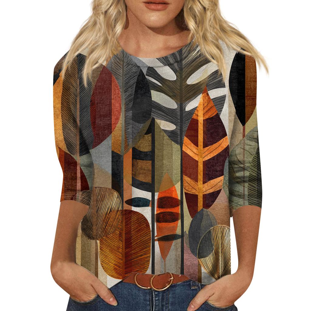 Damska Modna Casualowa Okrągły Dekolt Rękaw Trzy Czwarte Retro Nadruk Koszulka Top