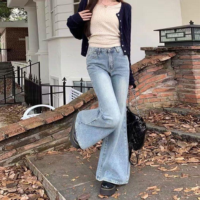 Comfortable Light Blue Micro Flare Jeans Women Spring High Waist Loose Skinny Retro Wide Leg Trailing Trousers Tide Jeans for Women Long Denim Pants