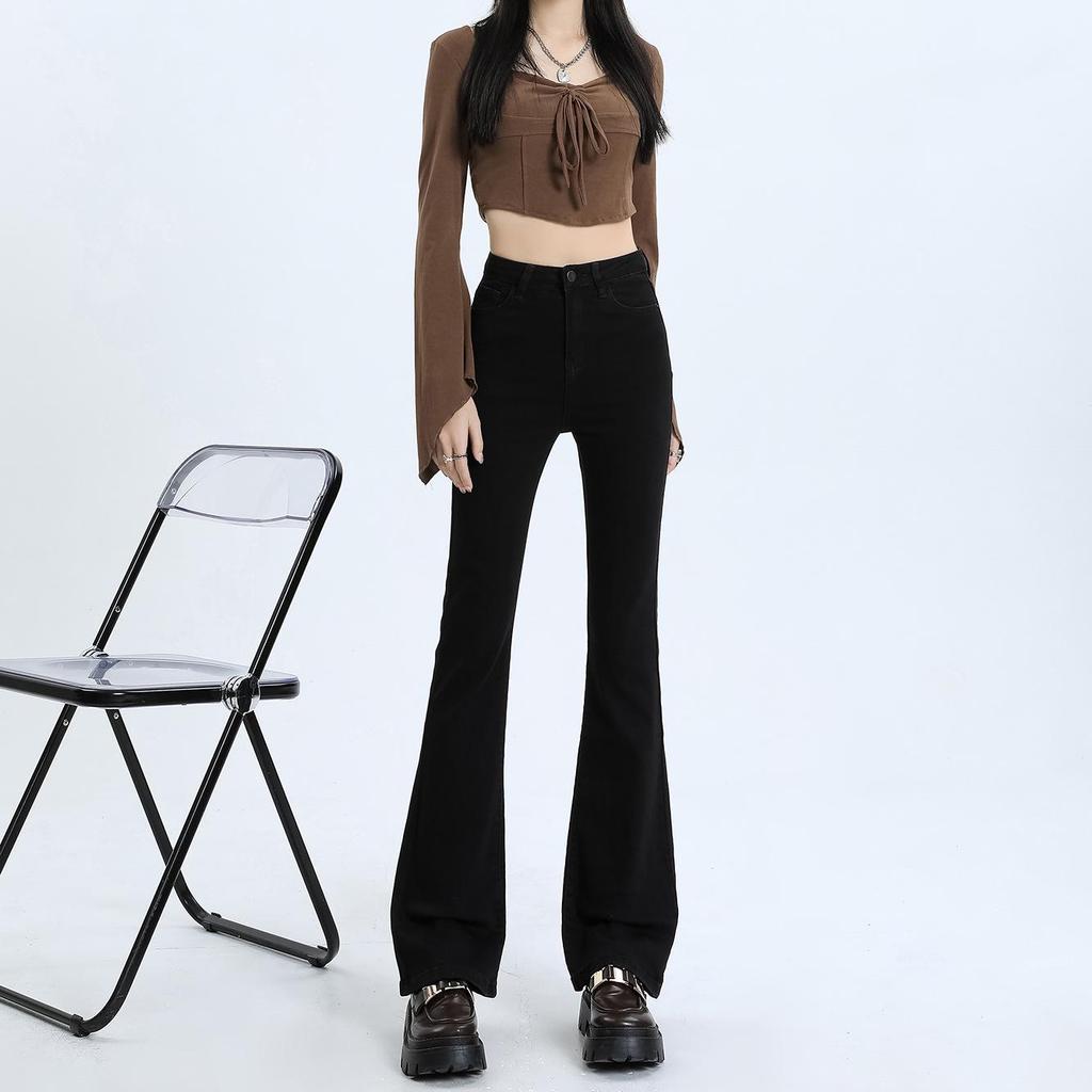 Women's Light Wash High-Waist American-Style Flared Jeans, Slim Fit, Elastic, Small Size, Washed Blue Horseshoe Design