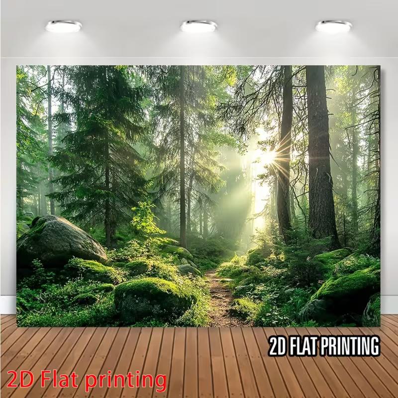 Sonniger Wald Fotografie Hintergrund Natur Grüner Baum Moos Stein Hintergrund für Party Fotoshooting