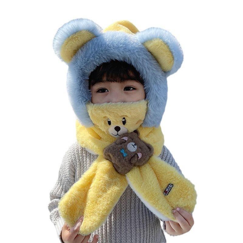 Baby Hat Winter Children's Scarf Integrated Cute Bear Ear Hat Autumn and Winter Warm Knitted Hat