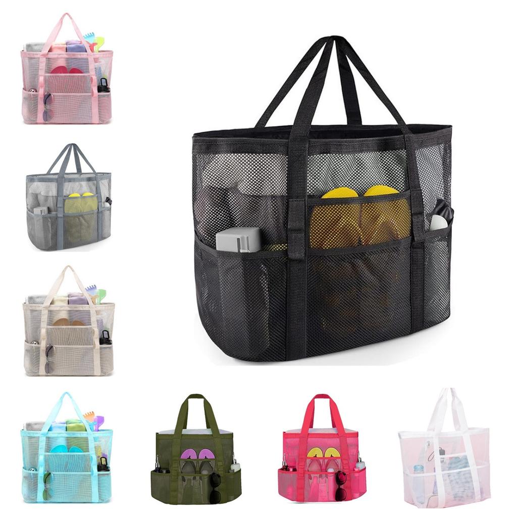 Borsa da Spiaggia Multifunzione in Rete Borsa Tote Portatile per Cosmetici con 9 Tasche Borsa da Viaggio per Asciugamano Articoli da Toeletta Organizzatore