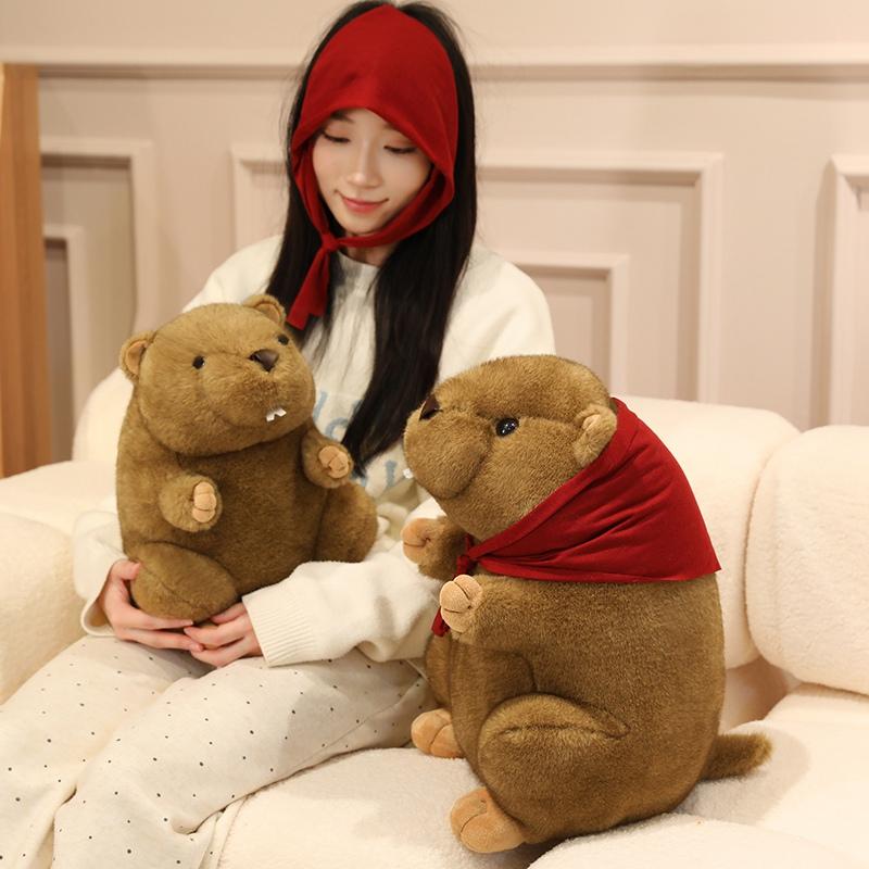 Groundhog Stuffed Plush Toys Plush Filled Animal Adorable Red Scarf Groundhog Sleeping Companion Dolls Gifts