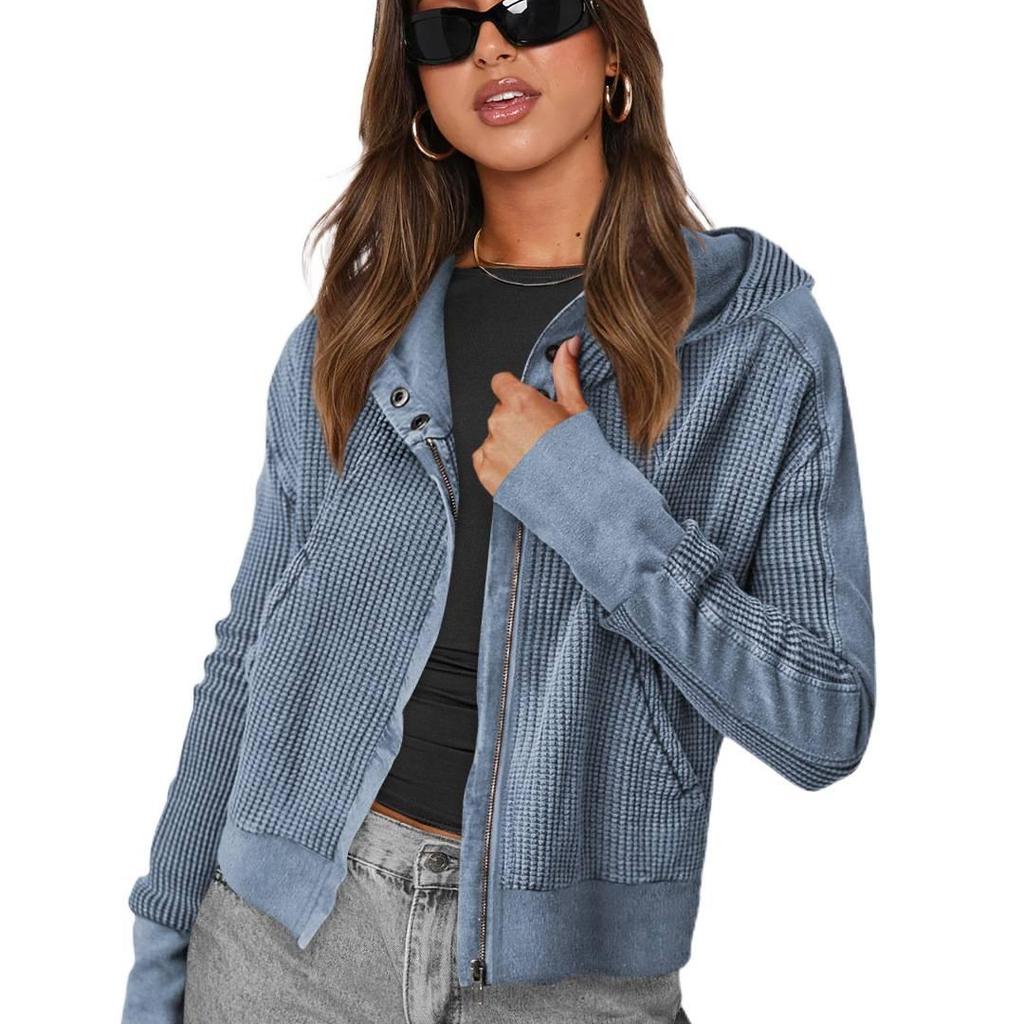 Jacke Patchwork Sweatshirt Damen Kapuzenpullover Lässiger Stil Reißverschluss-Hoodie Kurzer Strickpullover