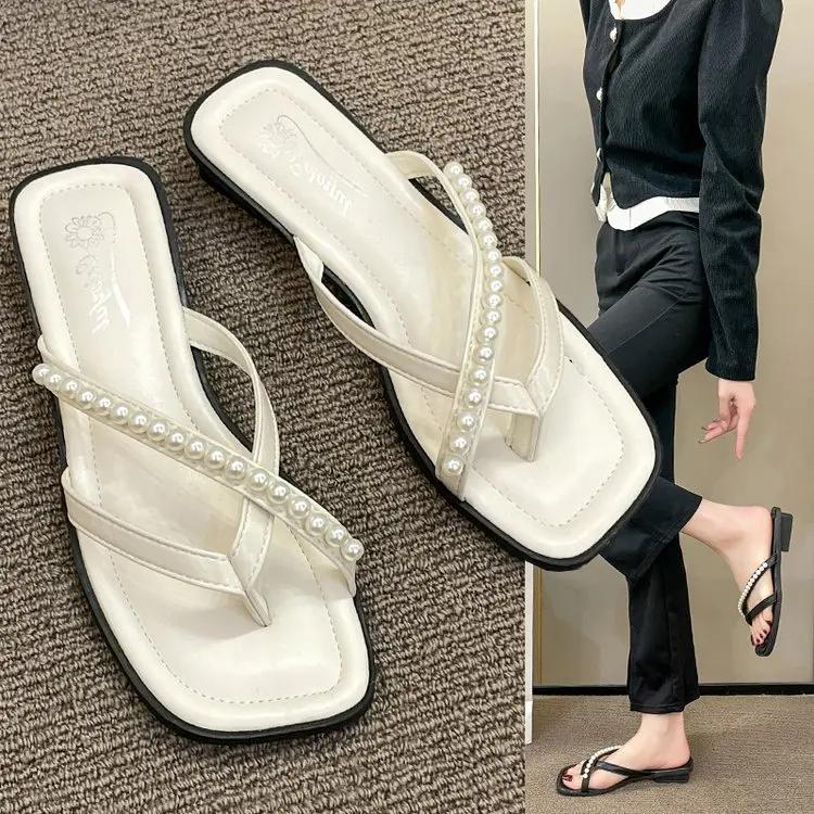 Fashion Pearl Flip Flops for Women Beaded Women Flats Clip Toe Slippers 2024 Summer New Square Toe Slides Cozy Zapatos De Mujer
