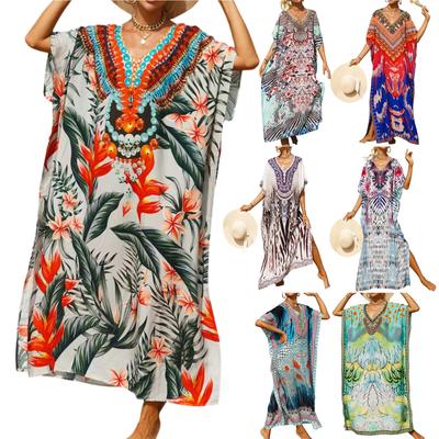 Damenkleid, bunte Blumendrucke, lockerer Urlaubsmantel, Bikini, Sonnenschutzkittel